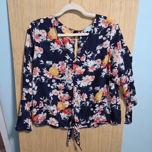 Veronica M Navy Floral Bell Sleeve Tie Front V-Neck Blouse Top Womens Medium